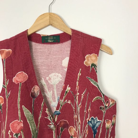 Vintage orvis vest red floral button front cotton linen blend women’s medium - Picture 2 of 5